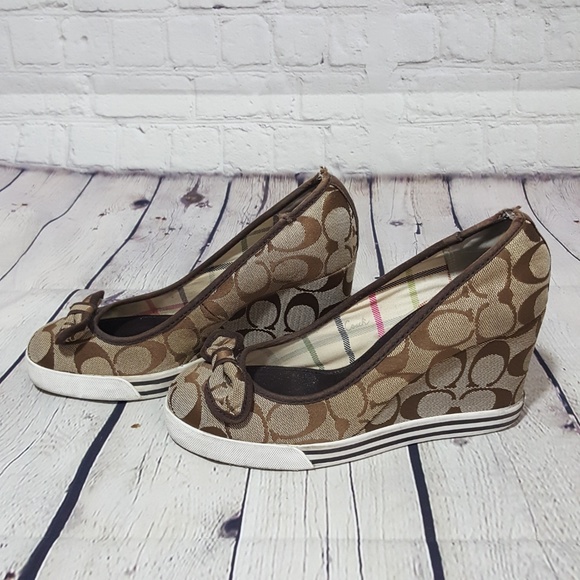 Coach Brown Logo Jacquard Wedges 5.5 Bow Shoes - Picture 3 of 6
